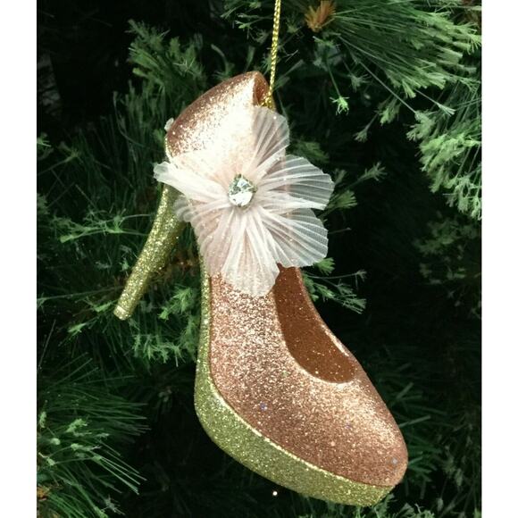 High Heel Shoe Ornament Christmas Glittering Platform Pink Rose Gold - Picture 1 of 4